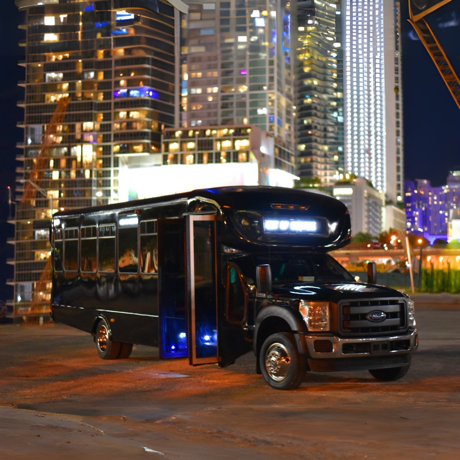 Party bus interior with LED lighting and plush seating